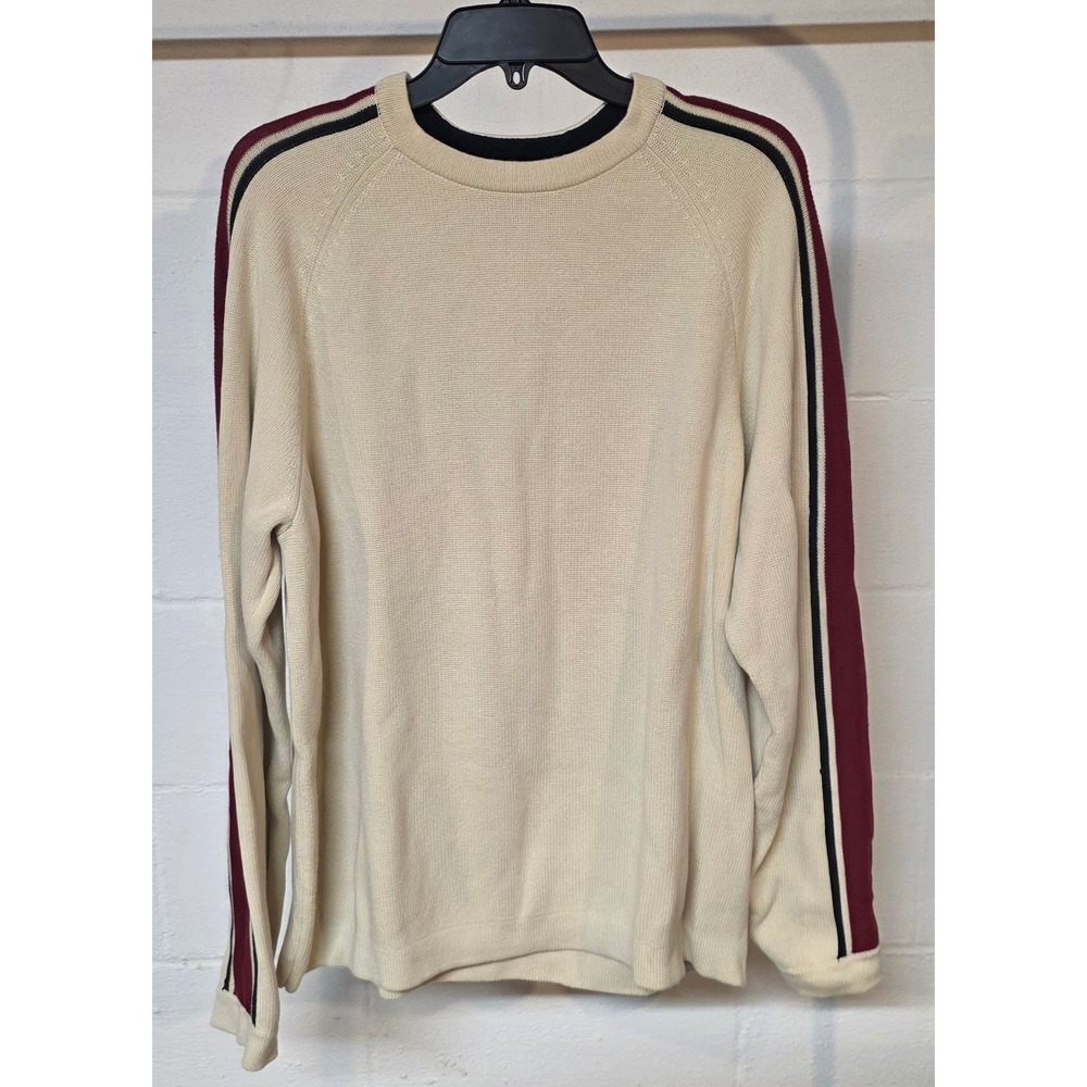Y2K Eddie Bauer Men L Cream Crewneck Sweater Racing Stripe Raglan Sleeve Skater